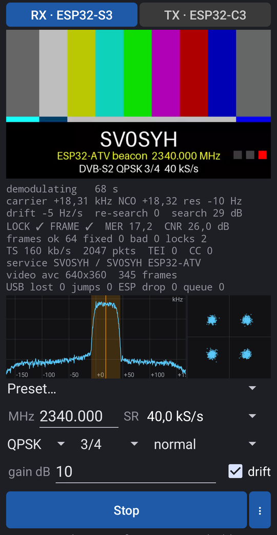 ATV RX/TX on a phone: the beacon picture, reception status, spectrum and constellation