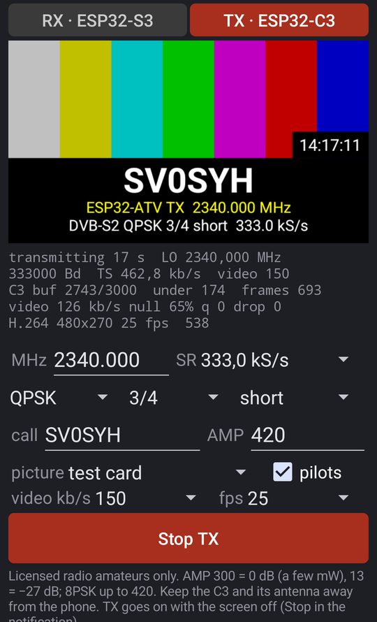 TX: test card from the phone, status of the C3 and the stream
